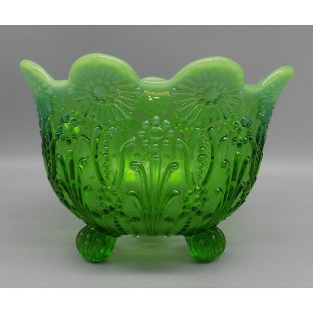 Antique Northwood Pearl & Flower Green Glass Opalescent Footed Bowl 1903 EAPG